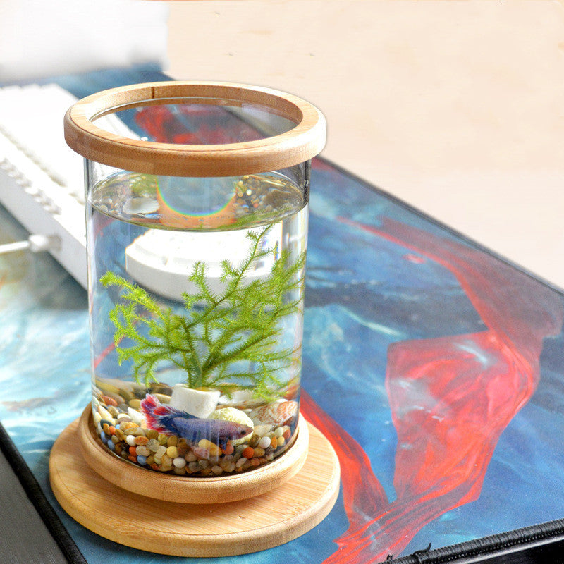 Small Office Glass Aquarium Bamboo Base Mini Fish Tank Decoration Fish Bowl