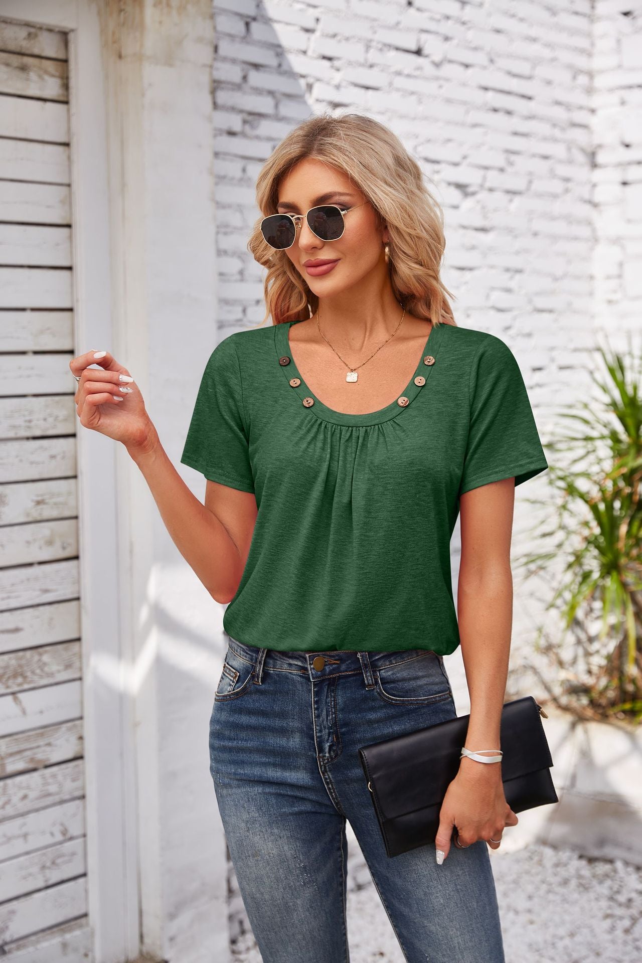 Women's Short-sleeved T-shirt Summer Button Square Collar Pleated Design Solid Color Loose T-shirt Womens Clothing