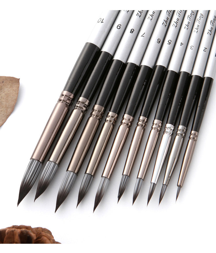 Nylon Hair Brush Silver Gray Rod Round Front Watercolor Oil Painting Set Hook Line Pen Soft