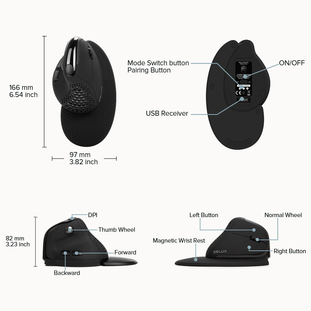 M618XSD Ergonomic Rechargeable Bluetooth Mouse with Thumb Wheel and Three Modes