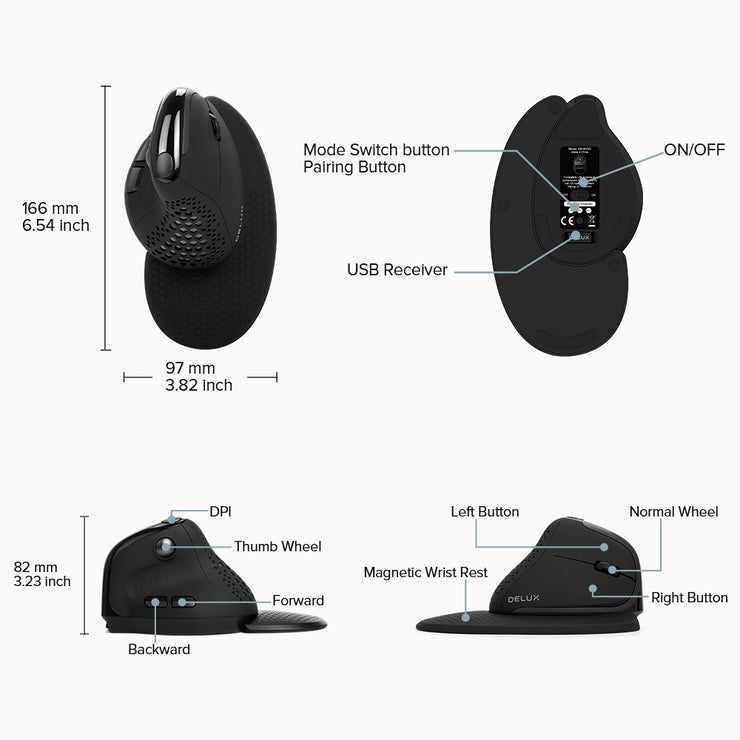 M618XSD Ergonomische, wiederaufladbare Bluetooth-Maus mit Daumenrad und drei Modi