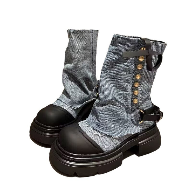 Damen Schuhe Denim Metall Schnalle Knöchel Stiefel Rundkopf Dicke Unterseite lässig