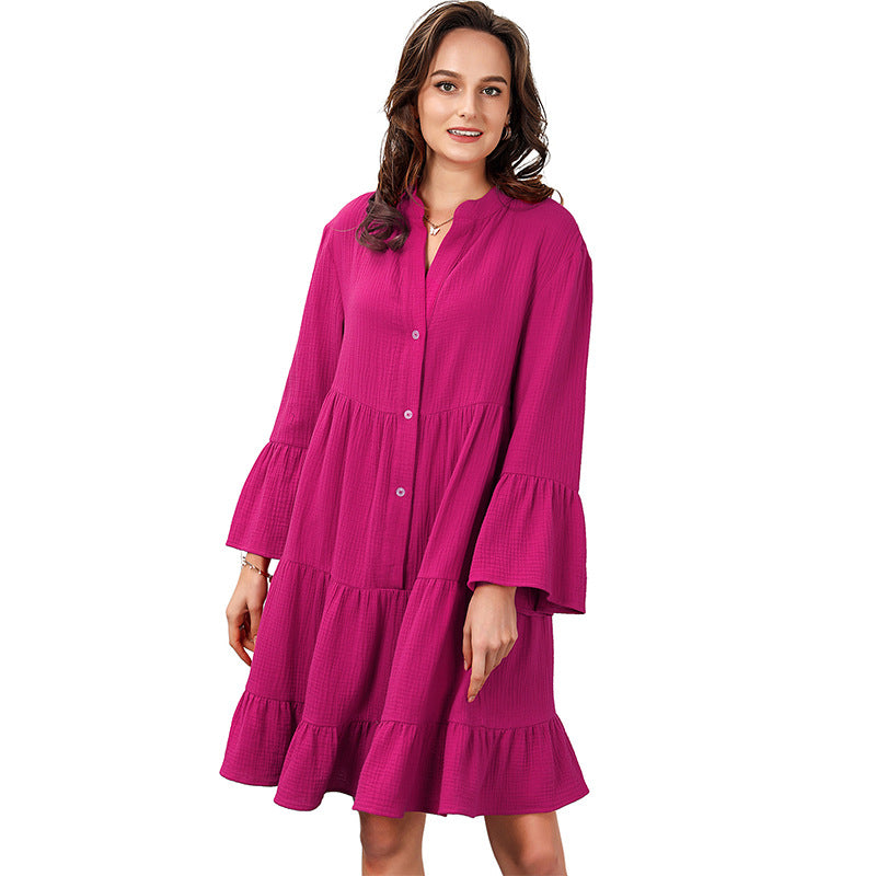 Women's Fashion Solid Color V-neck Long-sleeve Dress