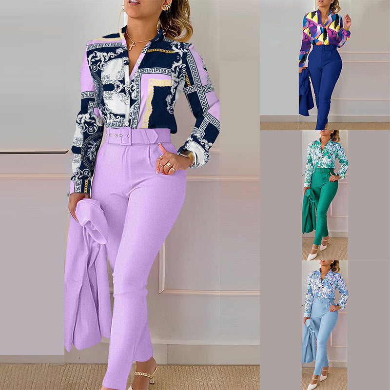 Women's Fashionable Printed Long-sleeved Shirt And Trousers Suit