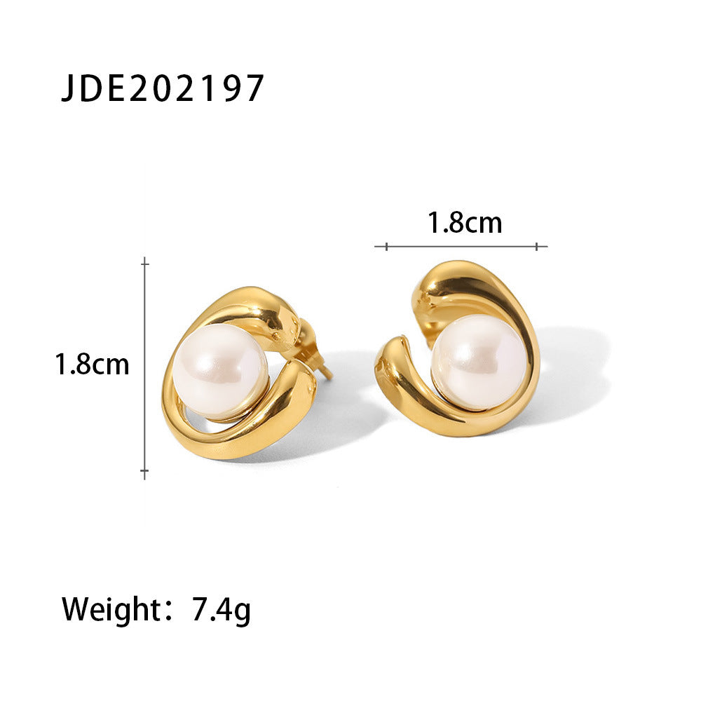 18k gold, stainless steel, geometric pearl stud earrings