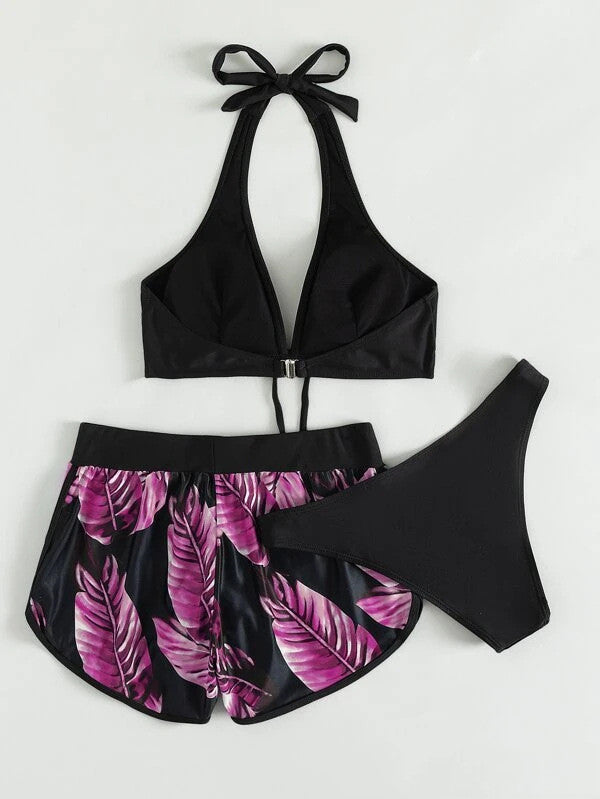 Fashionable 3-piece leaf print bikini set with shorts