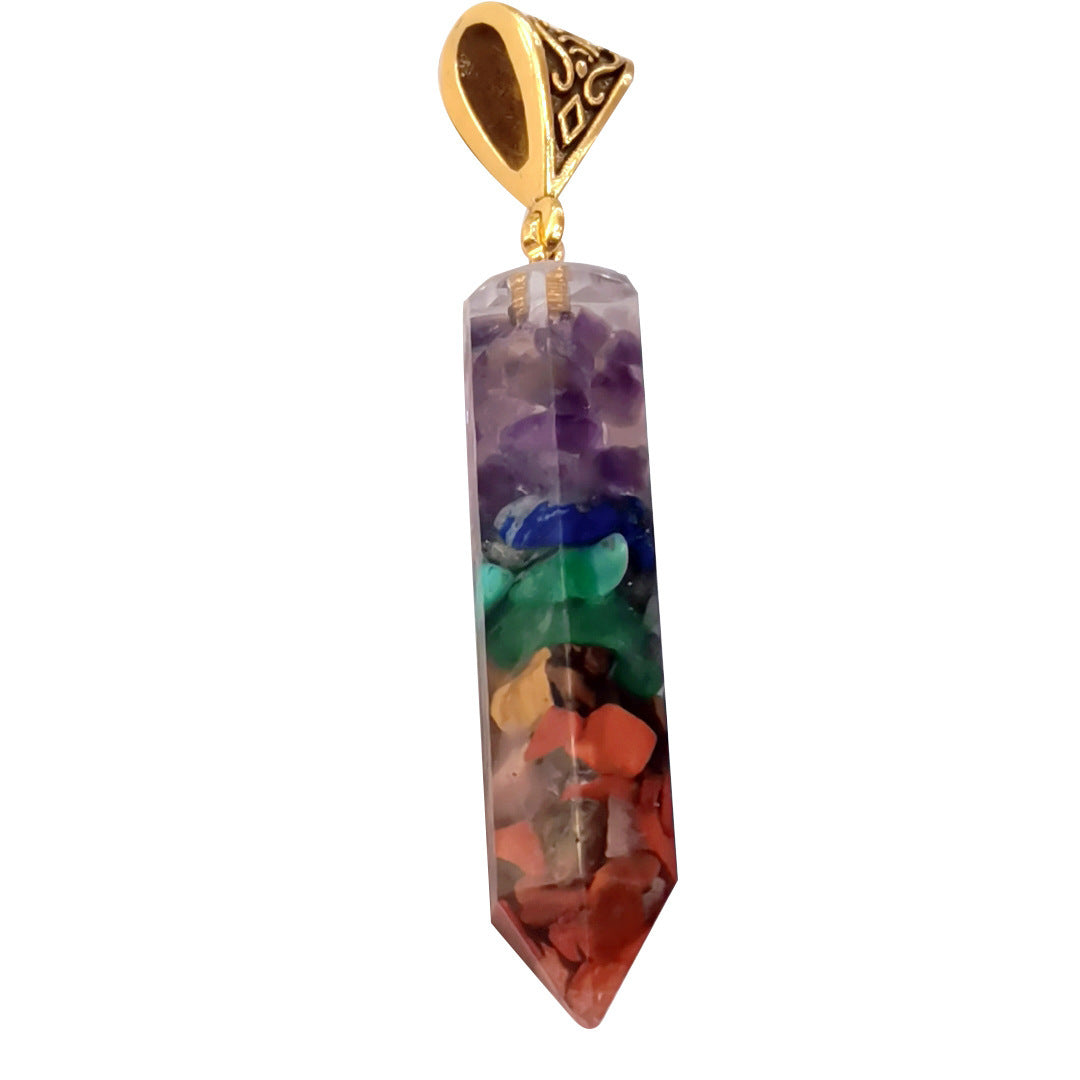 Seven Chakra Natural Crushed Stones Hexagon Column Necklace Aura Pendant