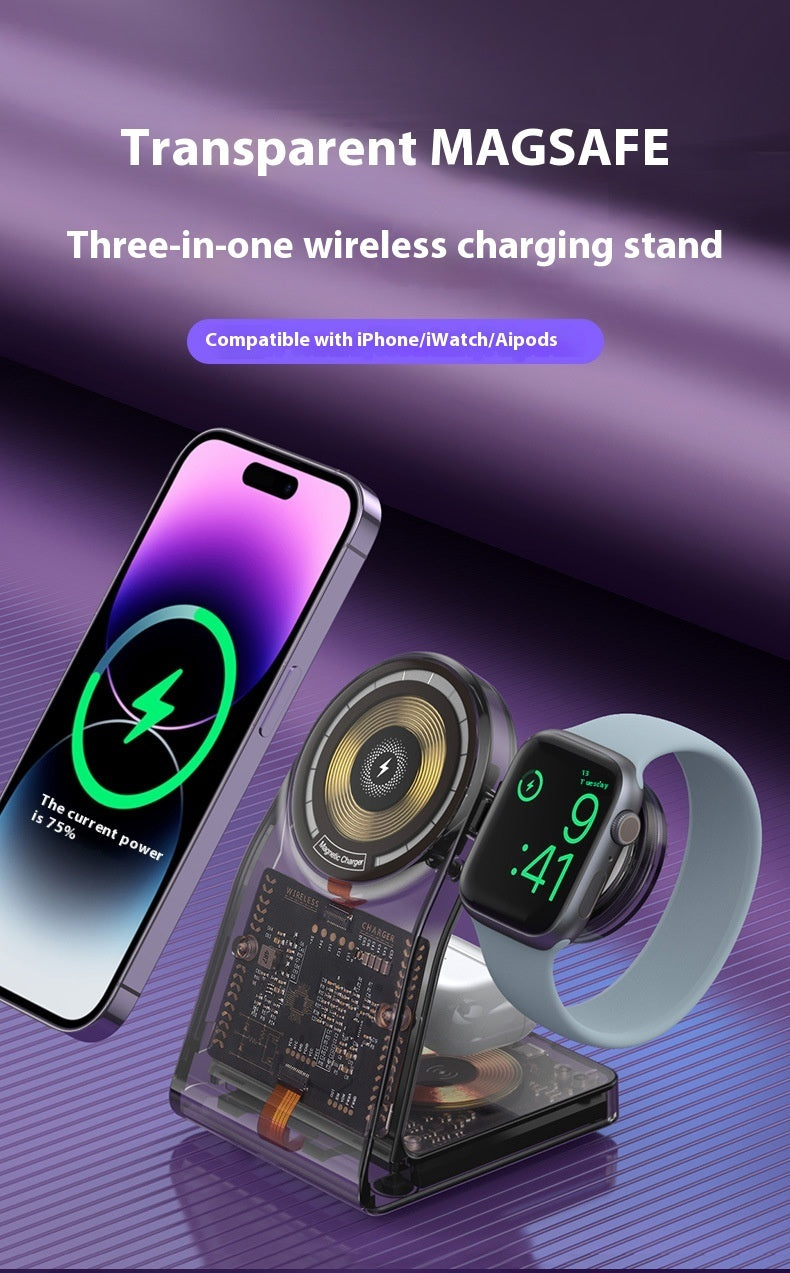 Transparent three-in-one wireless charger electromagnet stand