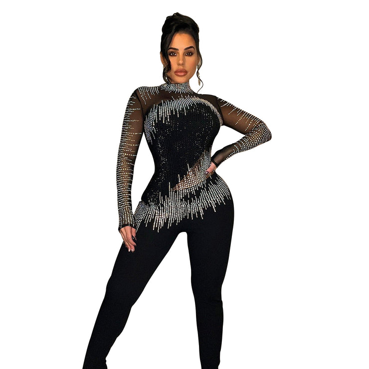 Damen Jumpsuit mit langen Ärmeln und Netzstoff in reiner Farbe und Strass