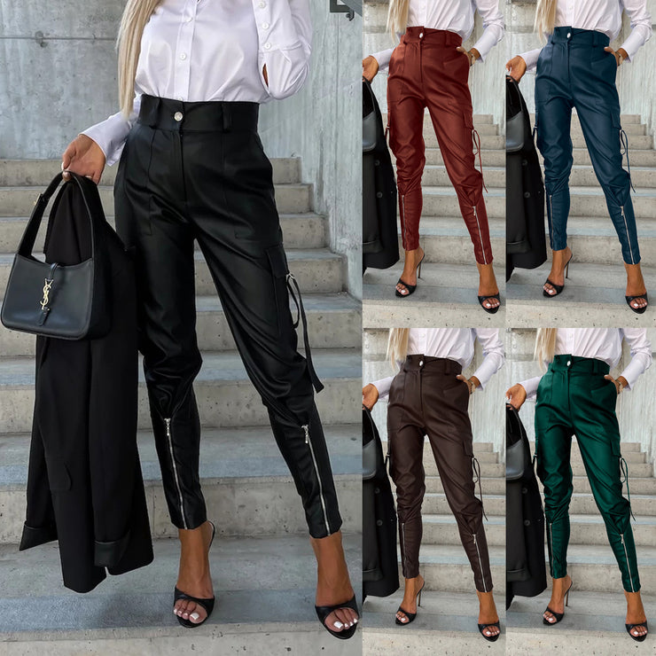 Mode Slim-Fit-Lederhose für Damen mit taillierter Passform und Reißverschluss-Design und Taschen