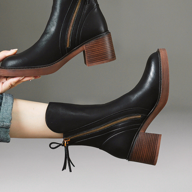 Brown ankle boots with thick heel in British style