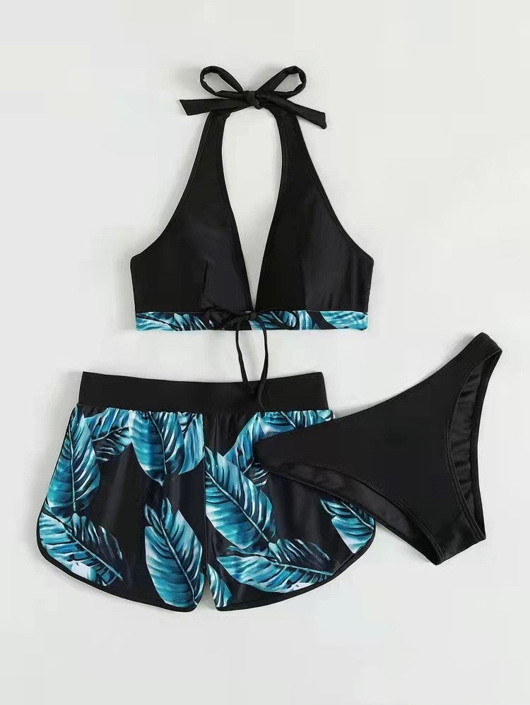 Fashionable 3-piece leaf print bikini set with shorts