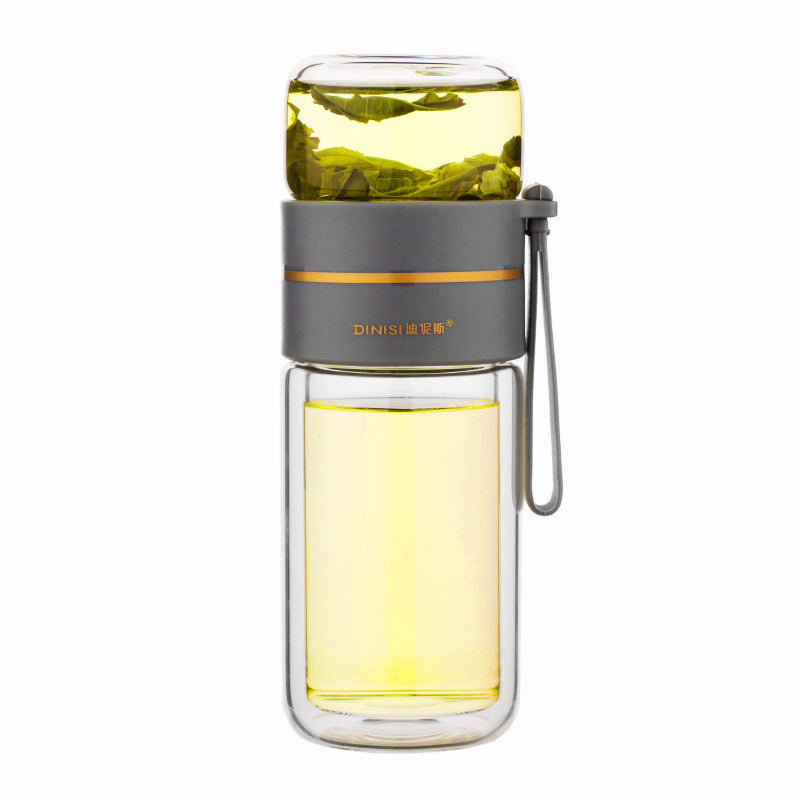 Glass water bottle with tea infuser filter, tea separation, double-walled glass bottle