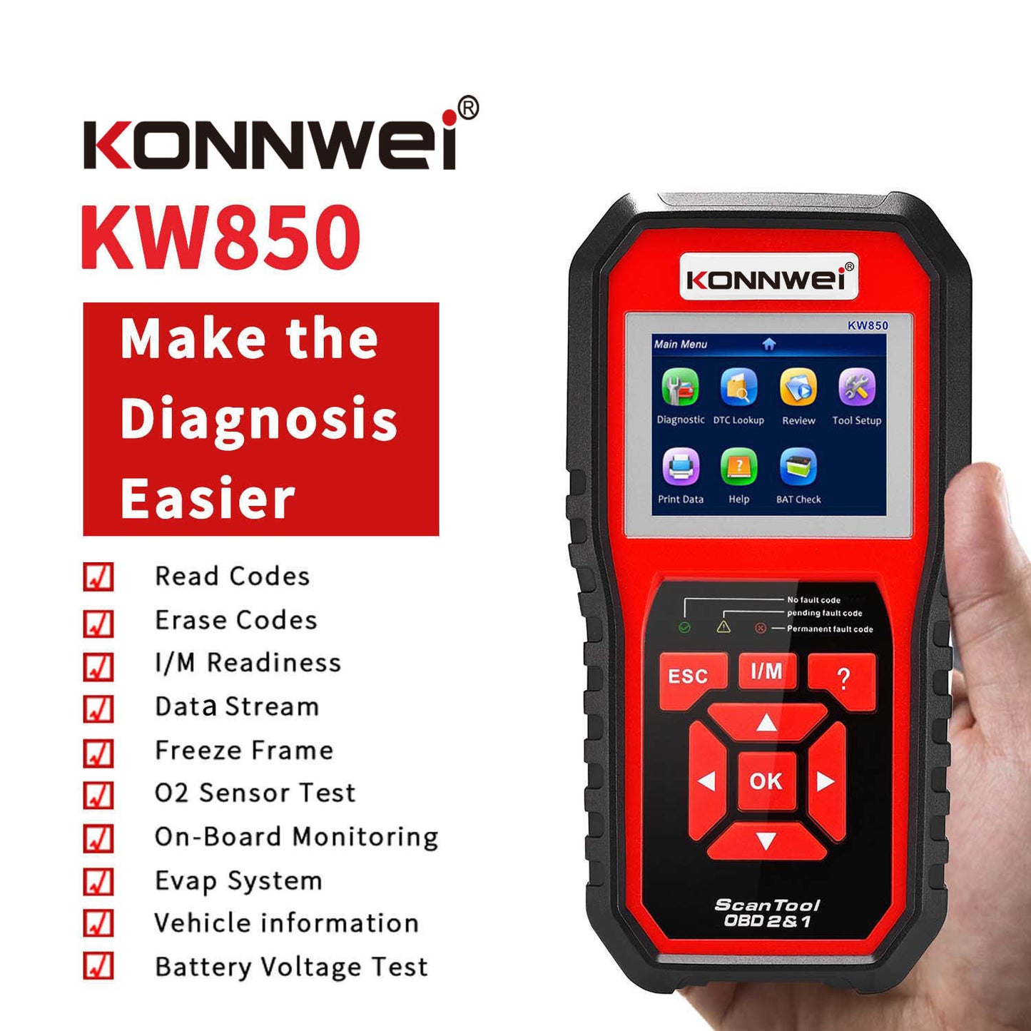 KW850 OBD2 CAN BUS Code Reader Car Engine Error