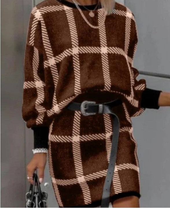 Large Plaid Pullover Long Sleeve Woolen Skirt Suit Two-piece Set