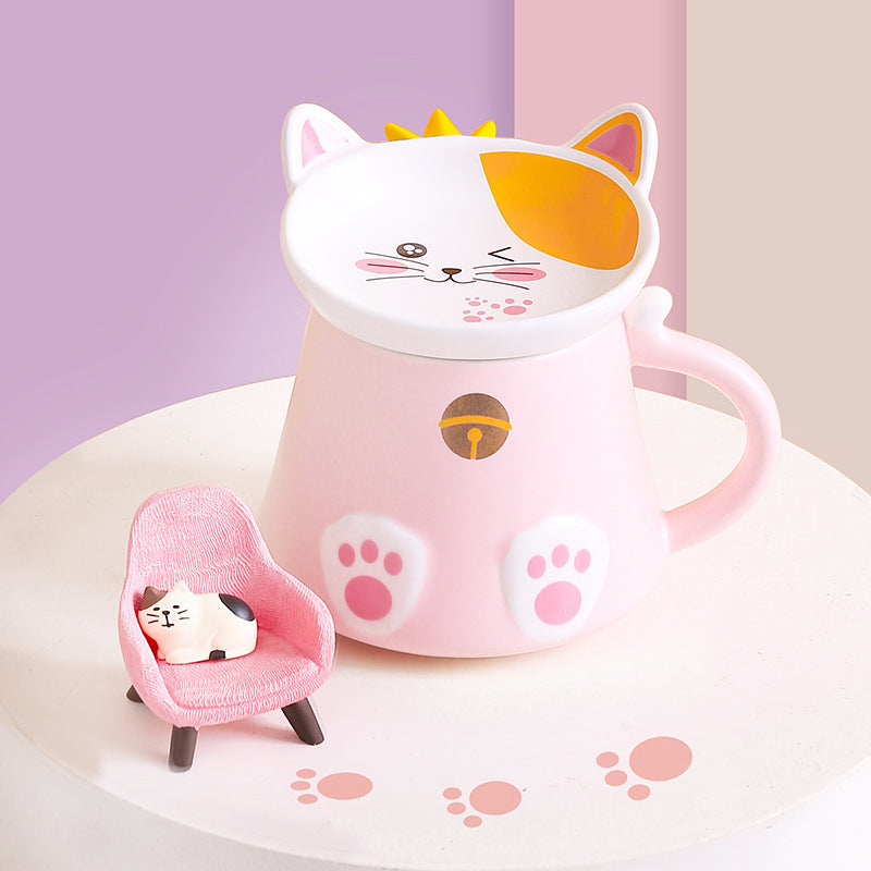 Cartoon Cat Ceramic Mug with Lid, Spoon Cup