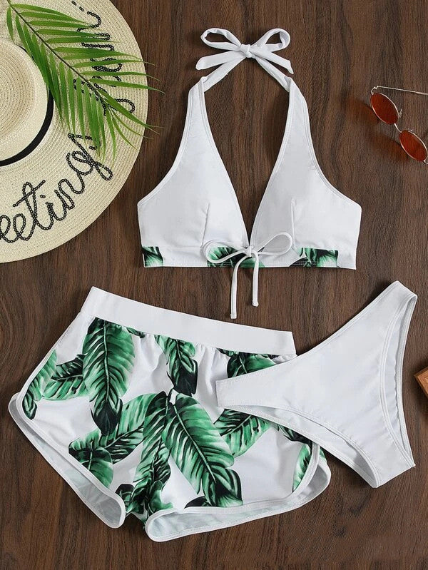 Fashionable 3-piece leaf print bikini set with shorts