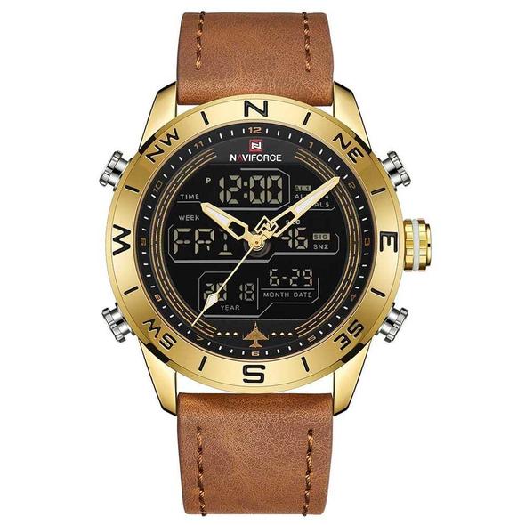 NAVIFORCE 9144 Fashion Gold Men Sport Watches Men LED Analog Digital