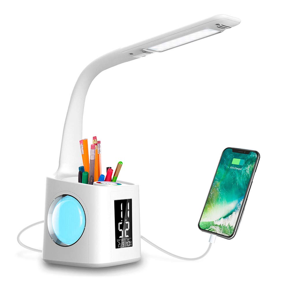 Study LED Desk Lamp USB Charging Port&amp;Screen&amp;Calendar&amp;Colors Night Light Kids Dimmable Table Lamp With Pen Hold