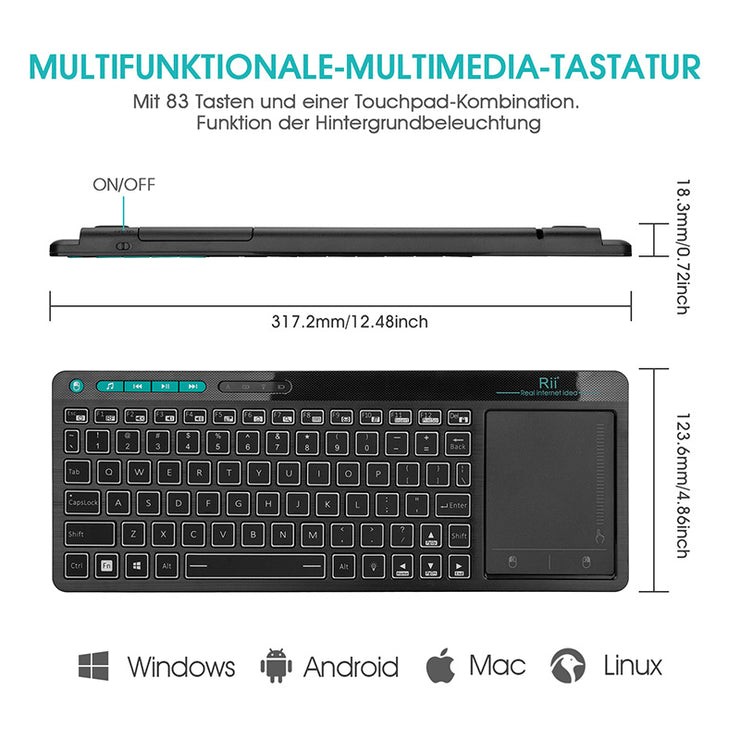 Multimedia-Tastatur mit RGB-Hintergrundbeleuchtung und Touchpad