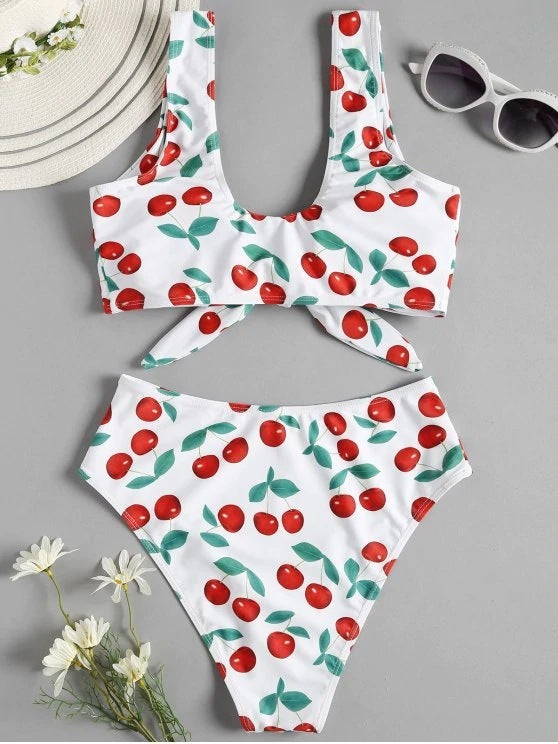 Bikini Split Cherry Printed Lace