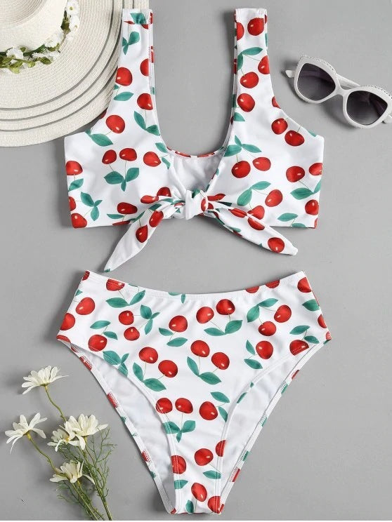 Bikini Split Cherry Printed Lace