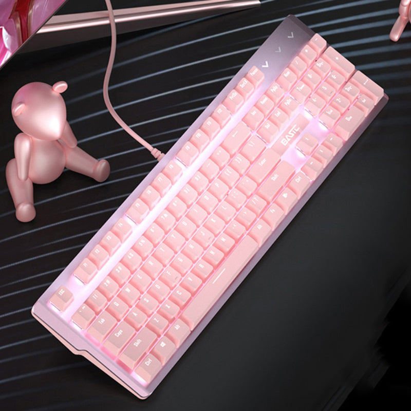 Pink Real Mechanical Keyboard and Mouse Set for Girls