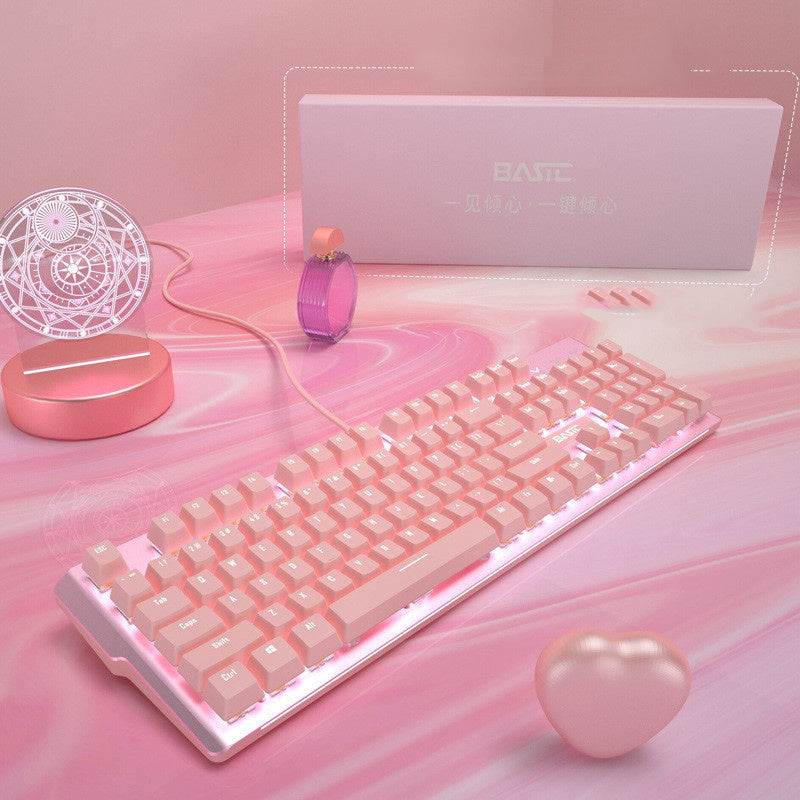 Pink Real Mechanical Keyboard and Mouse Set for Girls