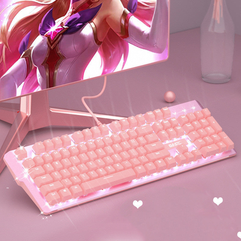 Pink Real Mechanical Keyboard and Mouse Set for Girls