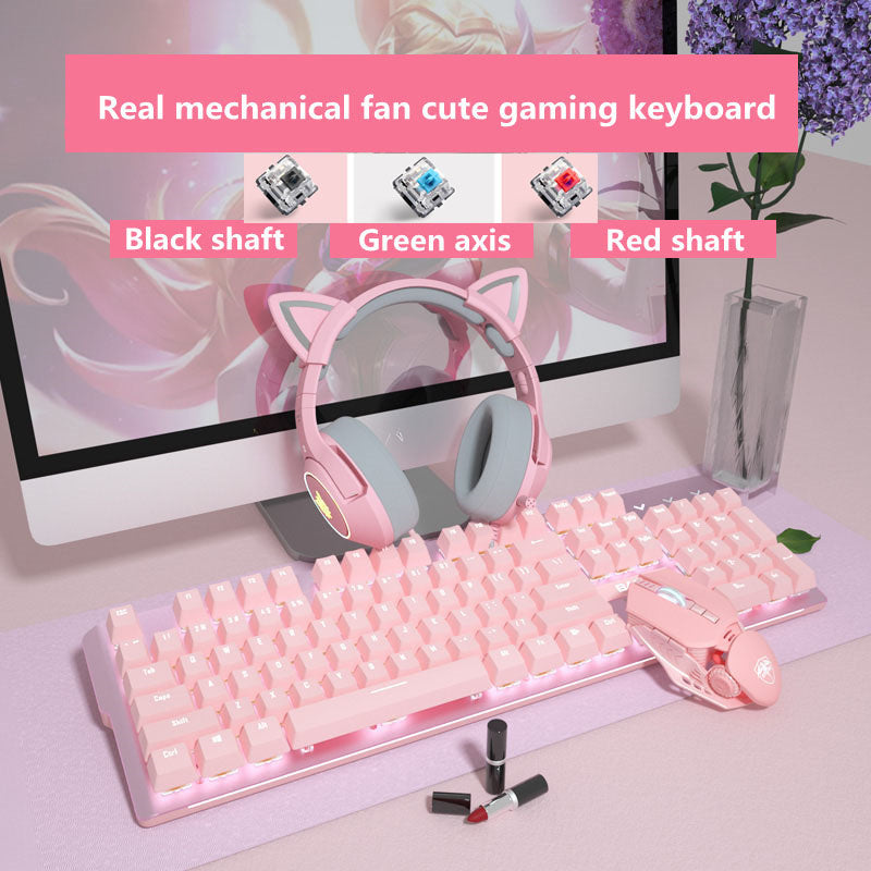 Pink Real Mechanical Keyboard and Mouse Set for Girls