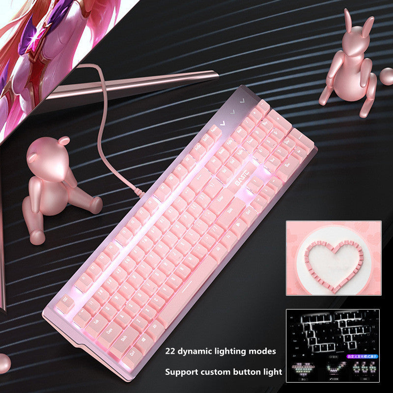 Pink Real Mechanical Keyboard and Mouse Set for Girls