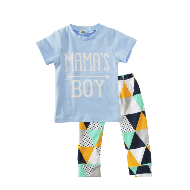 Children's Clothing Boy Suit Short-Sleeved T-Shirt Blue Letter Arrow Geometric Pants Baby Two-Piece Suit