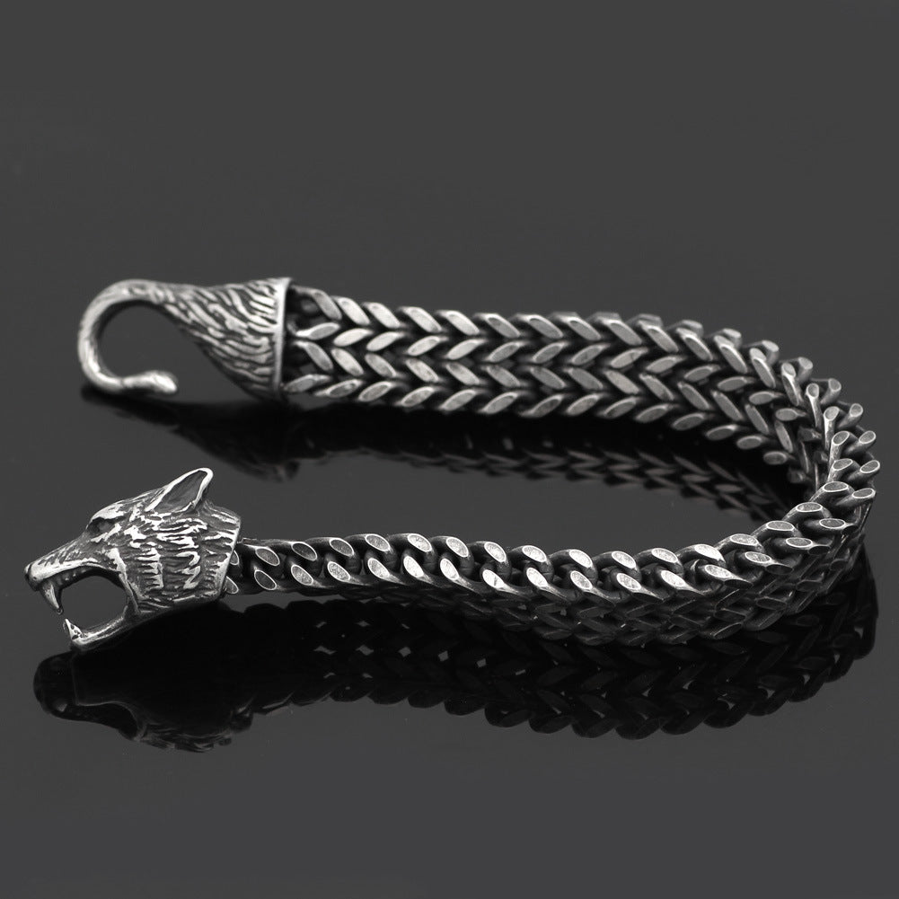 Armband Herren Edelstahl Vintage Schwarz Wolfskopf Kubanische Kette Hand Männlich Modeschmuck