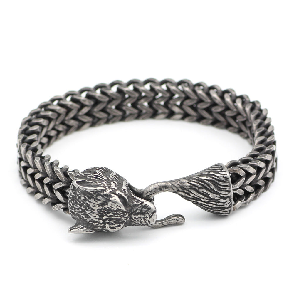 Armband Herren Edelstahl Vintage Schwarz Wolfskopf Kubanische Kette Hand Männlich Modeschmuck