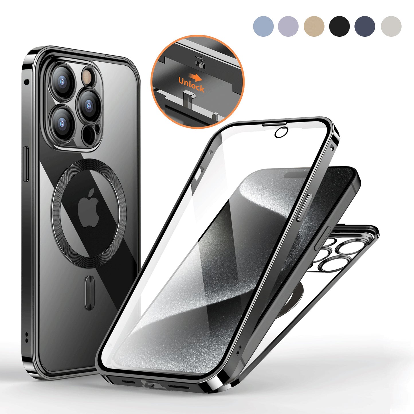 Metal Spring Closure Magnetic Double Sided Lens Phone Case with Full Cover