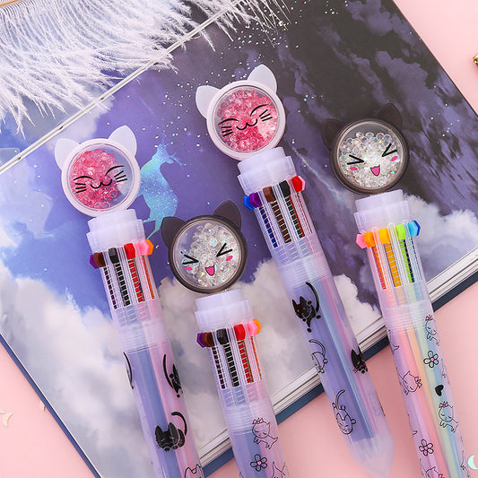 Cute Cat Ten-color Multi-function Press Type Student Stationery