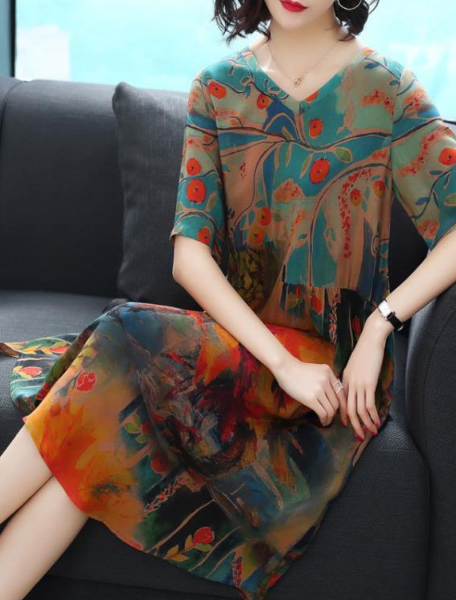 Skirt straight mid-length double crepe silk silk 