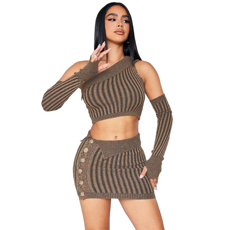 Diagonal Collar Sexy Bare Midriff High Waist Sheath Slim Fit Skirt Suit