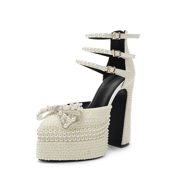 Thick High Heel Thick Platform Muffin Pearl Lace Sandals