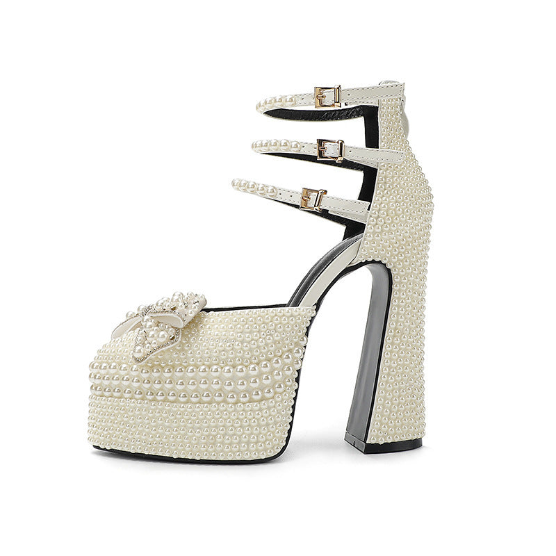 Thick High Heel Thick Platform Muffin Pearl Lace Sandals