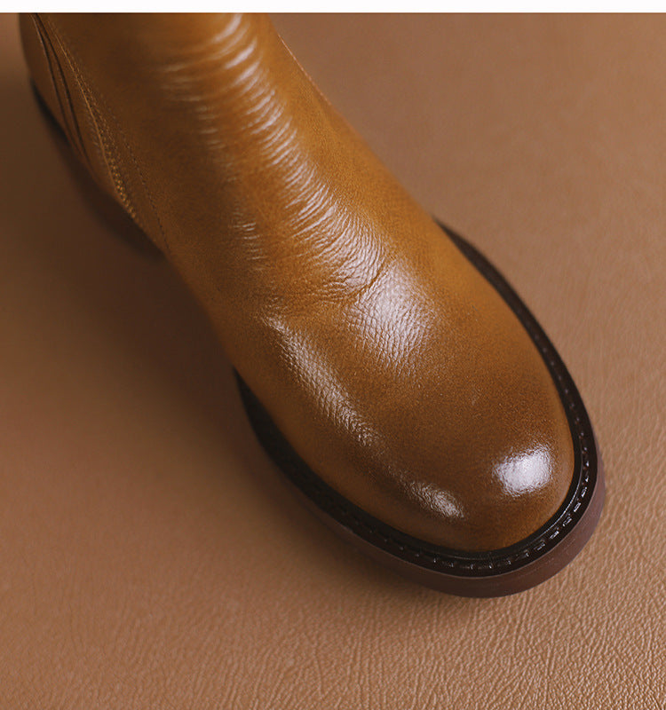 Brown ankle boots with thick heel in British style