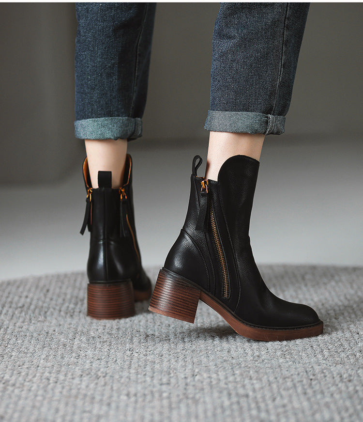 Brown ankle boots with thick heel in British style