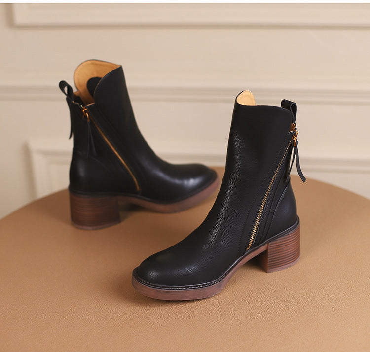 Brown ankle boots with thick heel in British style