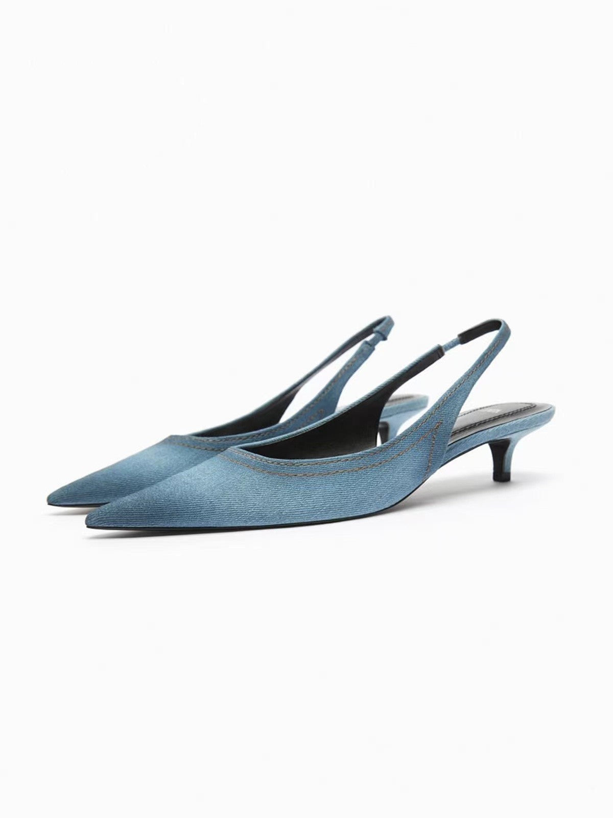 Women's high heels made of blue denim fabric