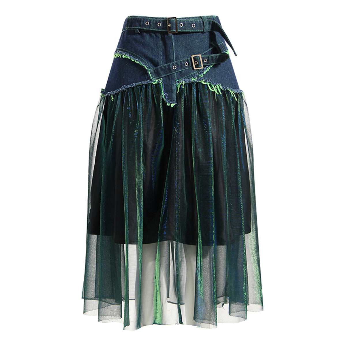 Denim Stitching Colorful Mesh Skirt High Waist A-line