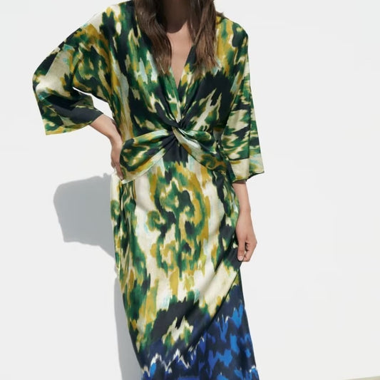 Street Style V-neck Elegant Loose Satin Sleeve Waist Trimming Printing Long Shirt Style Dress