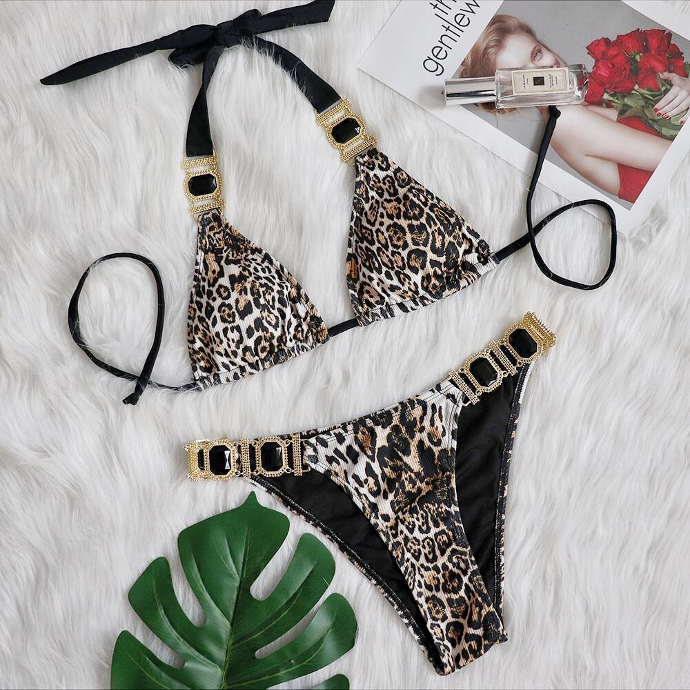 Leopard Print Diamond Low-Rise Push-Up Bikini