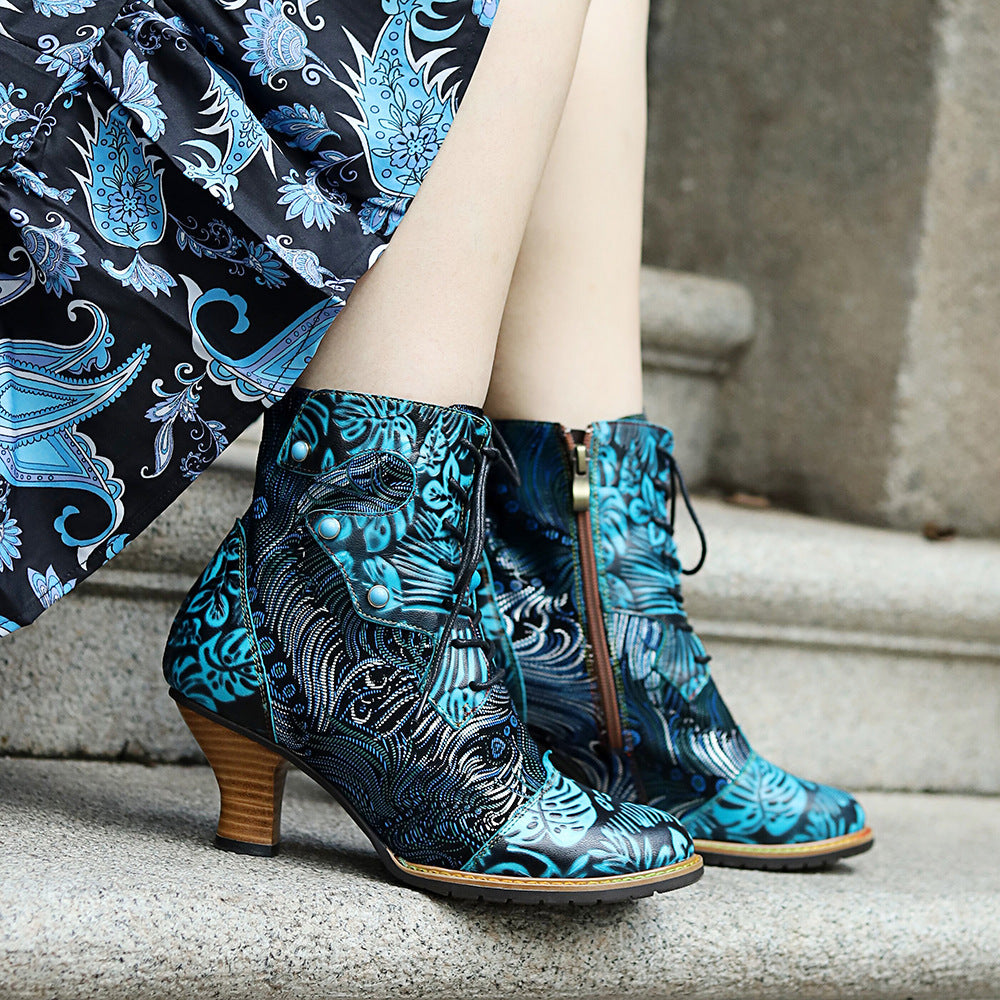 Vintage Print Fashion Lace-up Women's Boots