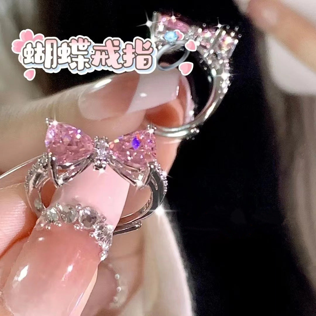 Princess's Castle Pink Bow Female Diamond Zircon French Girl Micro-inlaid Ring