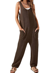 Damen-Jumpsuit mit Waffelmuster, lässig, locker, ärmellos, V-Ausschnitt, Overall mit Doppeltasche, Cargohose